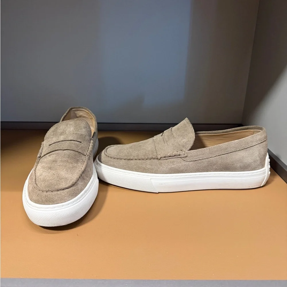 Tod's Taupe Suede Penny Loafers with White Rubber Sole